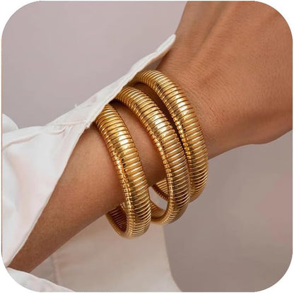 18K gold plated chunky bangle bracelets set of 3 for women
