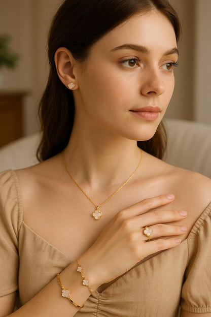 5Pcs Jewelry Set for Women, Lucky Clover Design with Bracelet, Bangle, Necklace, Earrings and Ring, Acrylic Flower Jewelry Gift