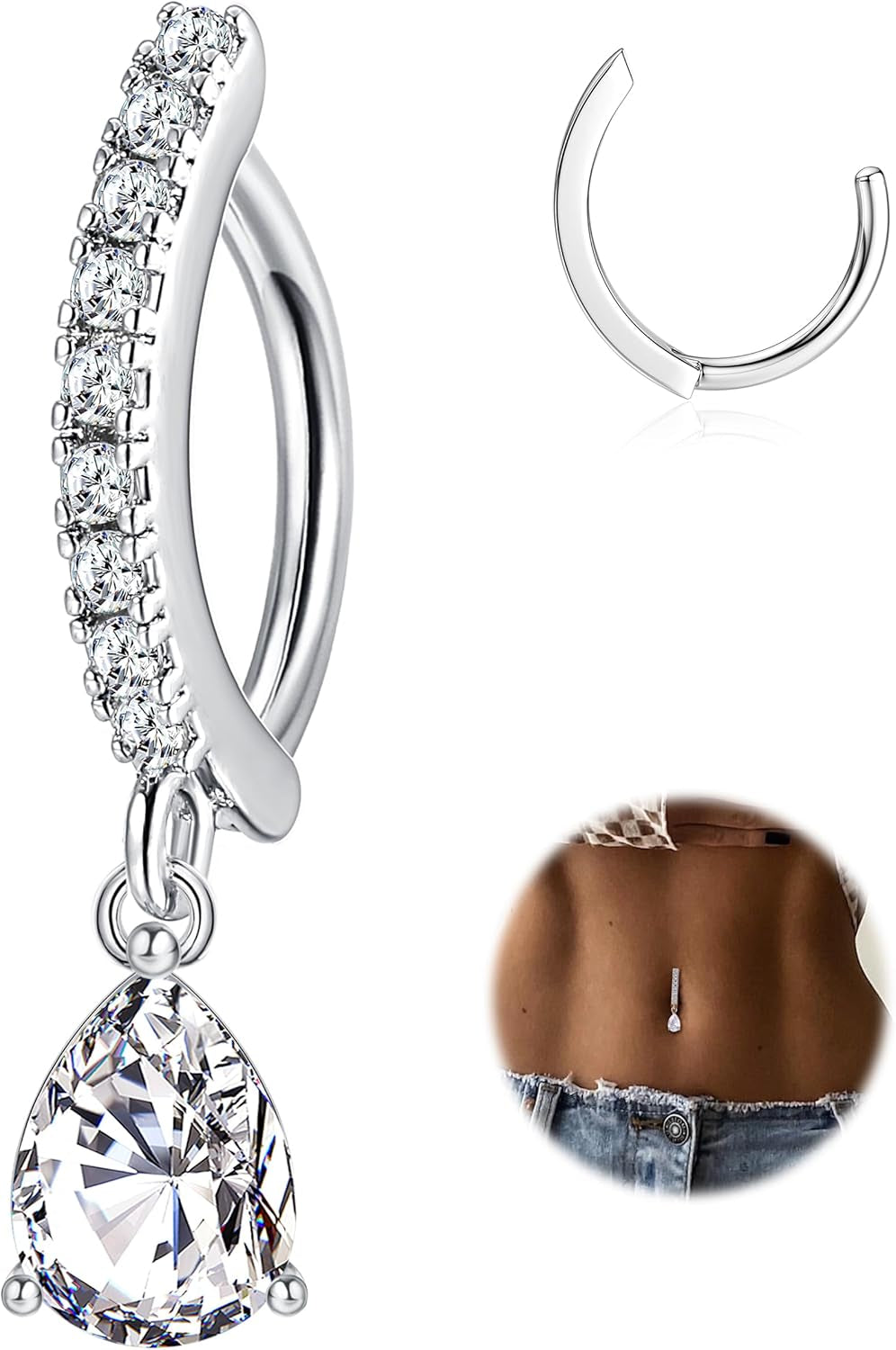 FIBO STEEL 14G Clicker Belly Rings 316L Surgical Steel Dangle Belly Button Ring CZ Teardrop Pendant Navel Rings Barbell Body Piercing Jewelry