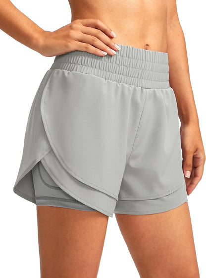 Soothfeel Women'S 2 in 1 Running Shorts High Waisted Athletic Shorts Exercise Gym Workout Shorts for Women with Pockets