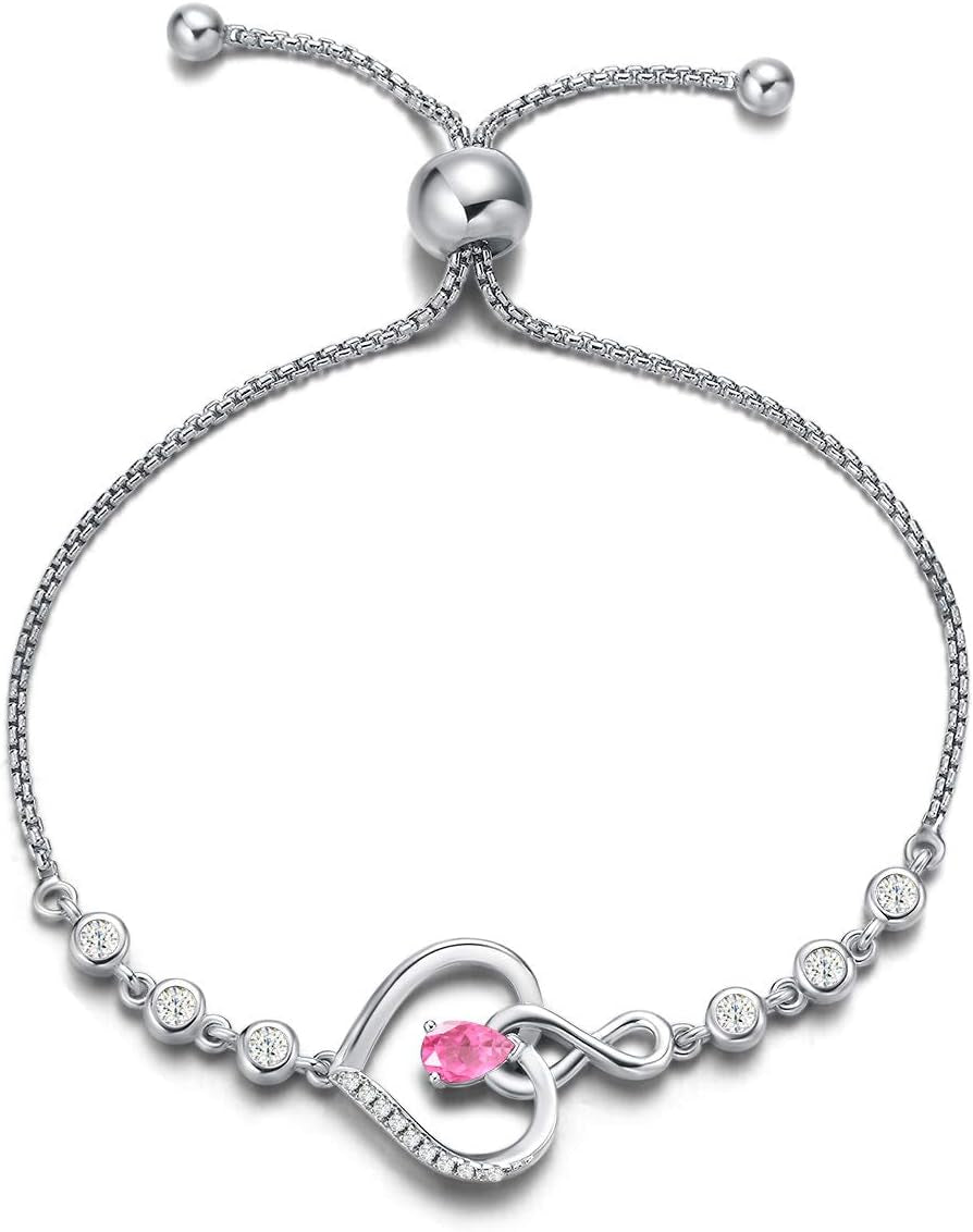 AGVANA Christmas Gifts Heart Birthstone Bracelets for Women Sterling Silver Genuine or Created Gemstone Tennis Bracelet Infinity Love Jewelry Anniversary Birthday Gifts for Wife Mom Women