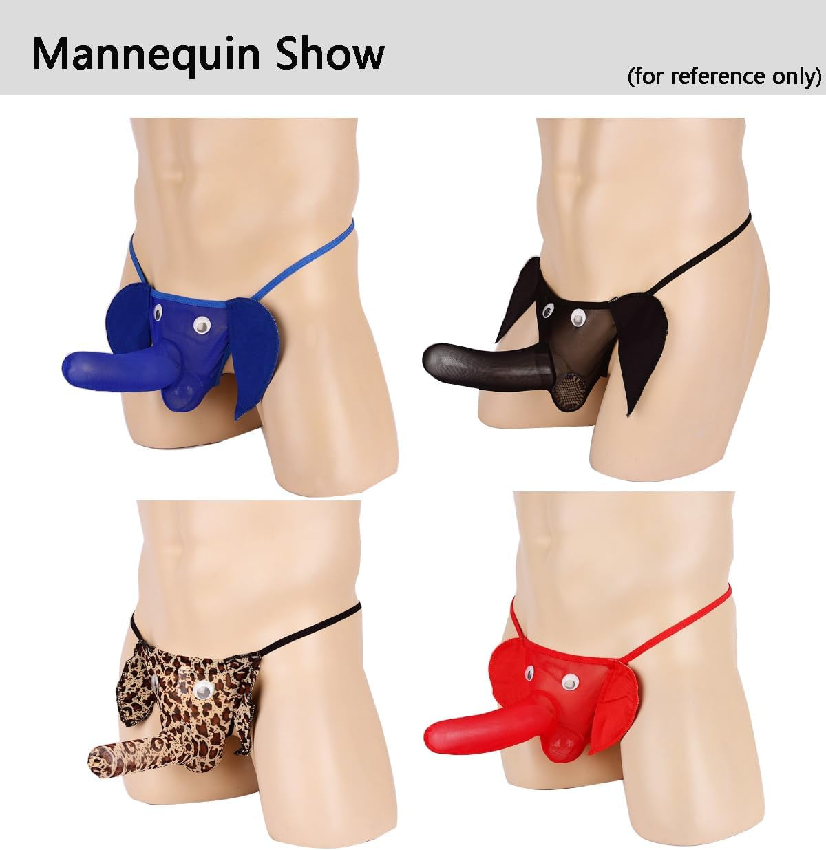 Red G-string thong brief featuring elephant design and stretchy material