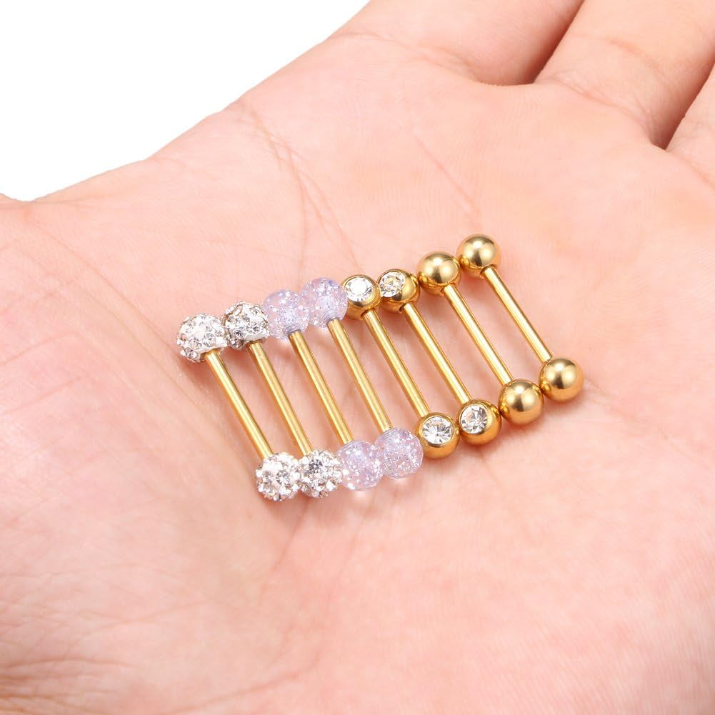 Ruifan 14G 9/16Inch Crystal Ball Nipple Tongue Shield Ring Barbell Body Piercing Jewelry Retainer 8-14PCS