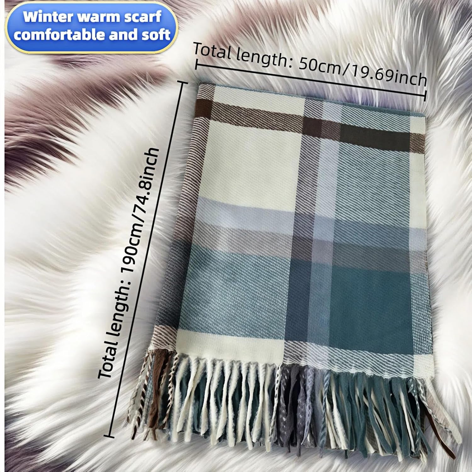 Plaid Winter Scarf for Women, 74X20 Inches, Soft Acrylic-Cotton Blend, Classic Design