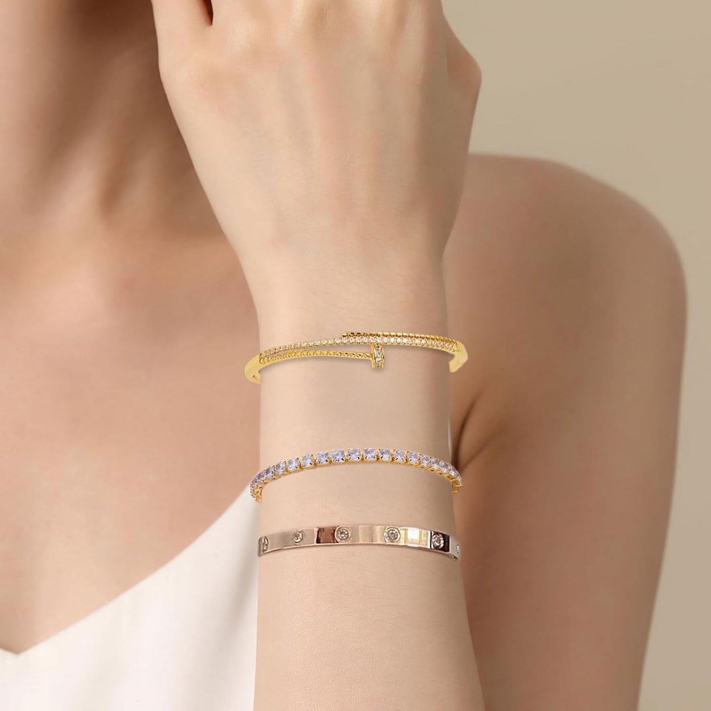 18K Gold Plated Tennis Bracelet Love Bangle Set for Women Stack Bracelets Stainless Steel Bangle Set for Love Trendy Jewelry Gifts for Women