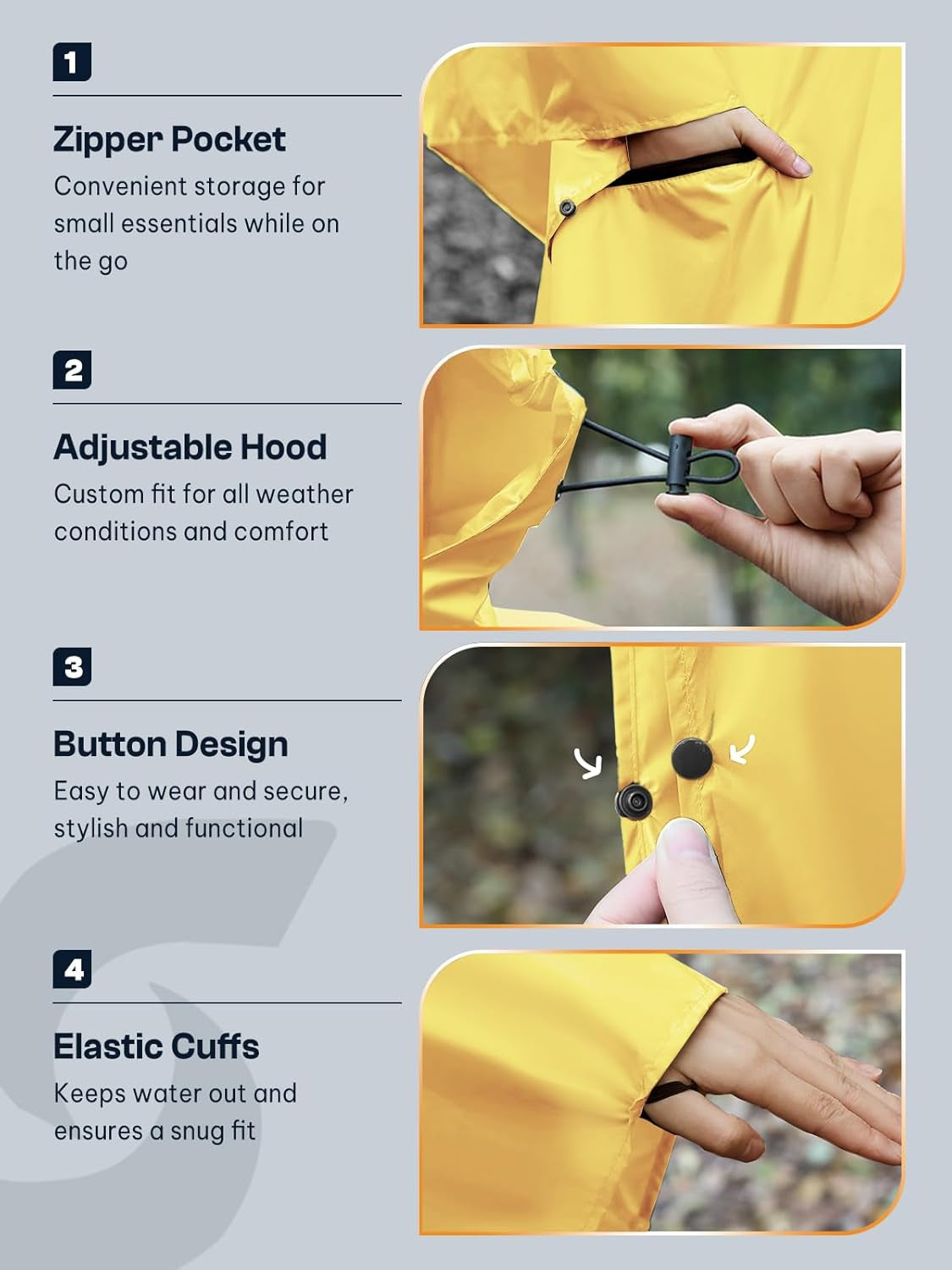 Front view of Saphirose hooded waterproof rain poncho