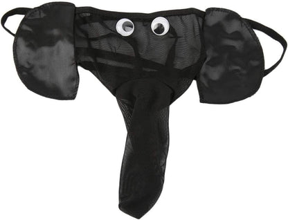 Black elephant design men's G-string thong front view showing unique print