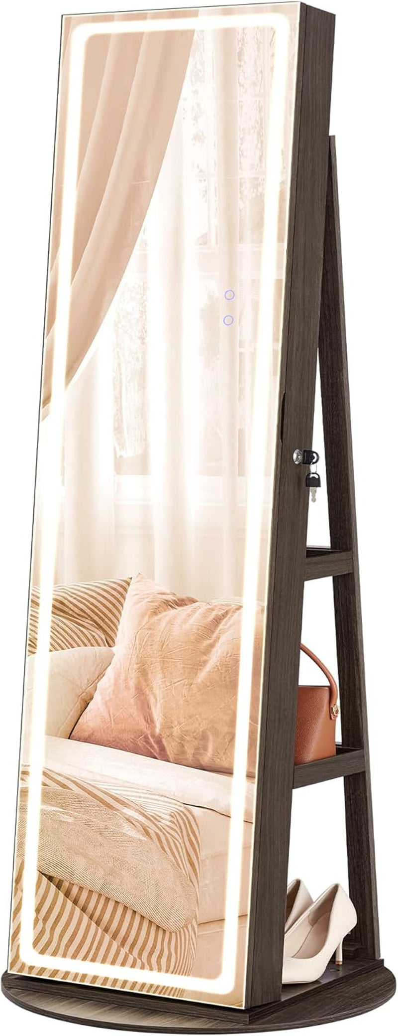 SONGMICS LED Jewelry Cabinet Standing, Lockable Armoire with Full-Length Mirror and Adjustable Lights, Space-Saving Organizer, Christmas Gifts for Women, Gift Idea, Rustic Brown UJJC008X01