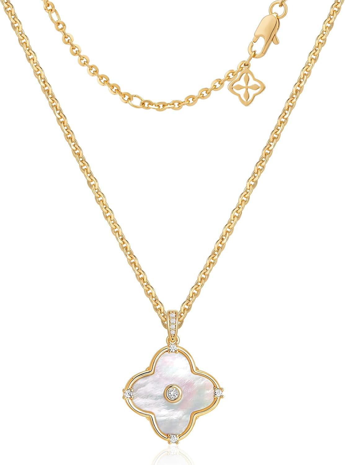 OSIANA Reversible Clover Necklace for Women 14K Gold Plated Natural Stone Four Leaf Pendant Necklaces Lucky Charm Jewelry