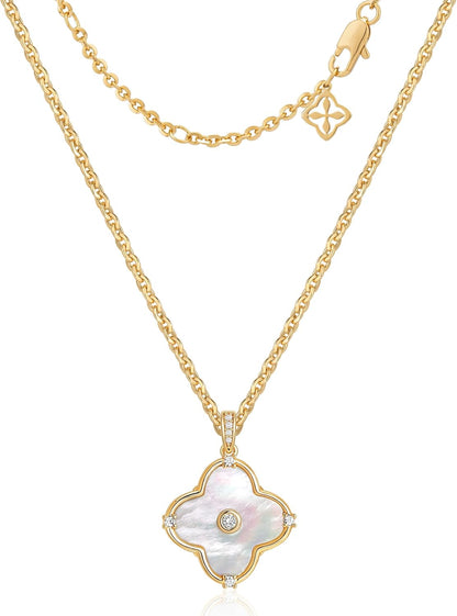 OSIANA Reversible Clover Necklace for Women 14K Gold Plated Natural Stone Four Leaf Pendant Necklaces Lucky Charm Jewelry