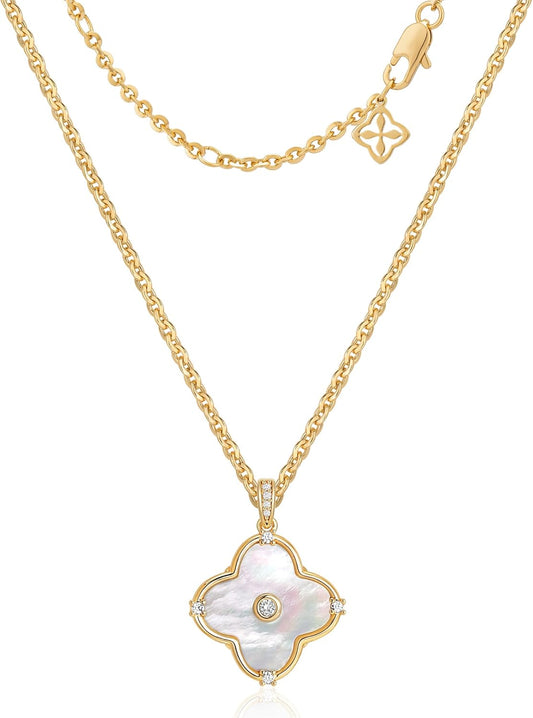 OSIANA Reversible Clover Necklace for Women 14K Gold Plated Natural Stone Four Leaf Pendant Necklaces Lucky Charm Jewelry