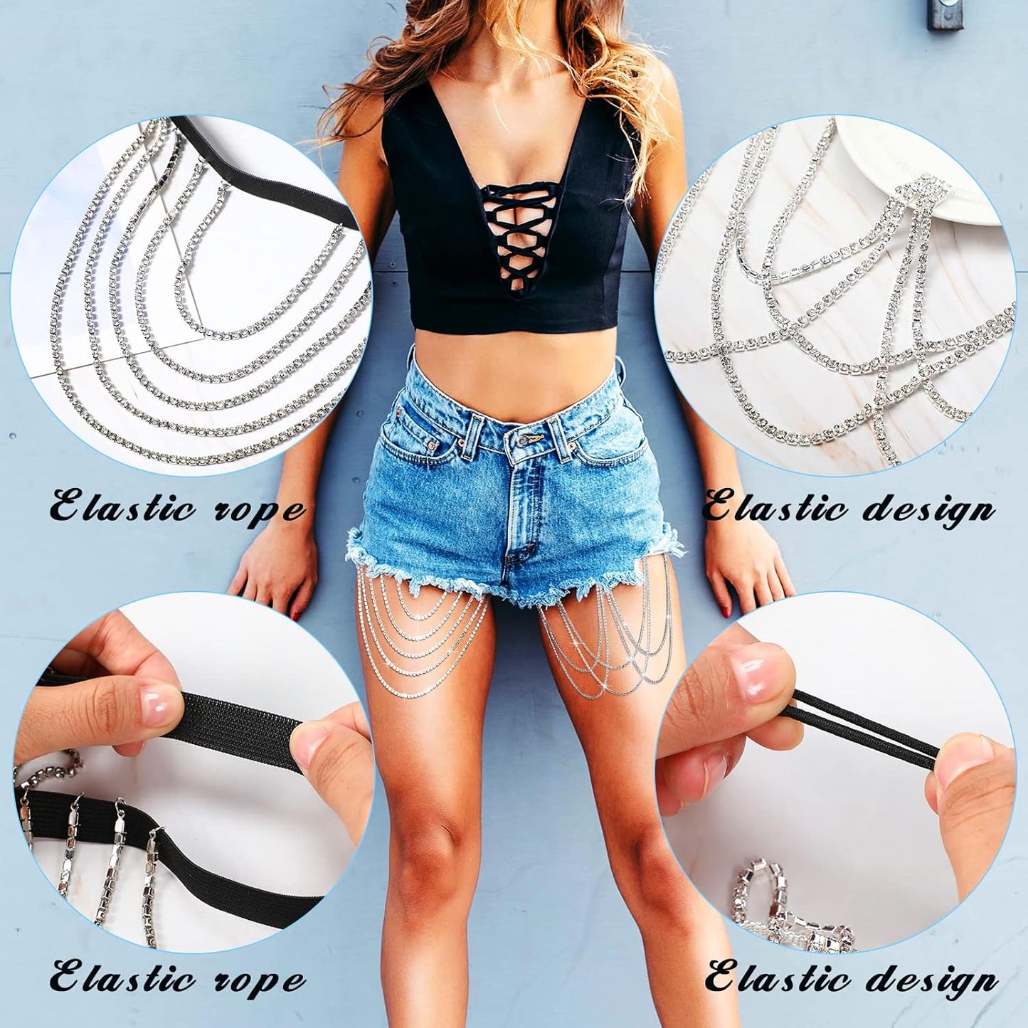 Sureio 2 Pieces Crystal Leg Chains Rhinestone Sliver Thigh Chain Layered Body Jewelry for Women Beach Rave Party (Simple Style)