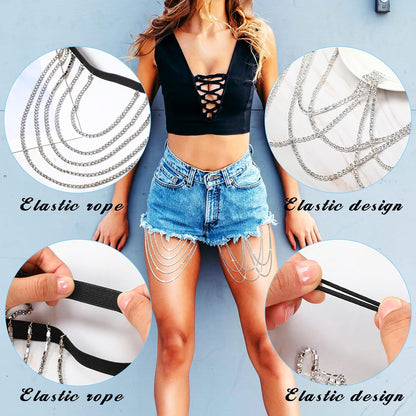 Sureio 2 Pieces Crystal Leg Chains Rhinestone Sliver Thigh Chain Layered Body Jewelry for Women Beach Rave Party (Simple Style)