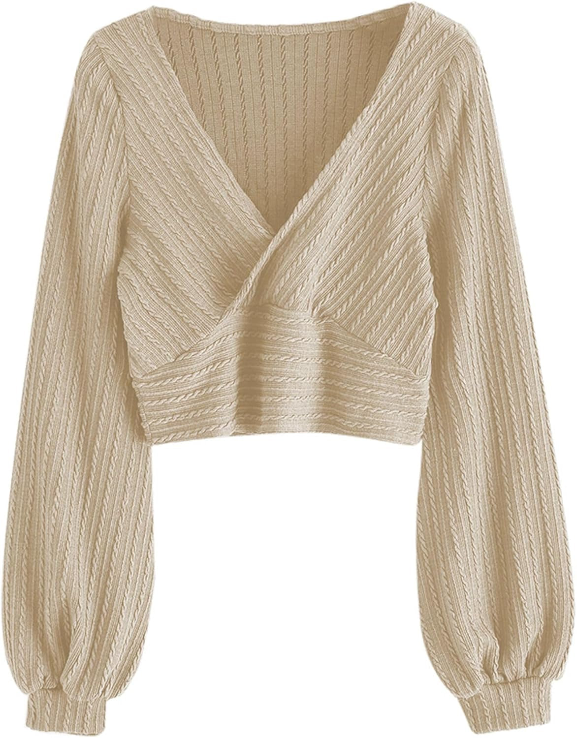 ZAFUL Women'S Pullover Ribbed Cropped Knitwear Drawstring Ruched Knitted Crop Top Solid V-Neck Long Sleeve T-Shirt