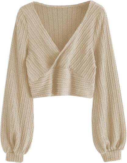 ZAFUL Women'S Pullover Ribbed Cropped Knitwear Drawstring Ruched Knitted Crop Top Solid V-Neck Long Sleeve T-Shirt