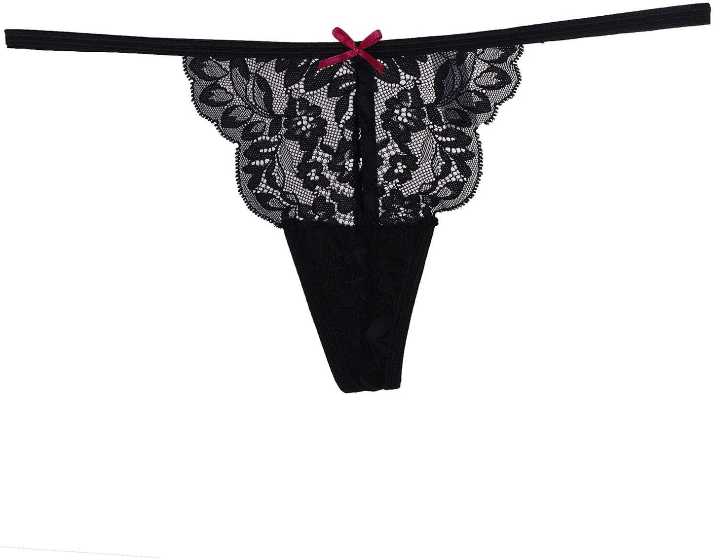 Flat lay display of six no-show thong underwear in various lace designs