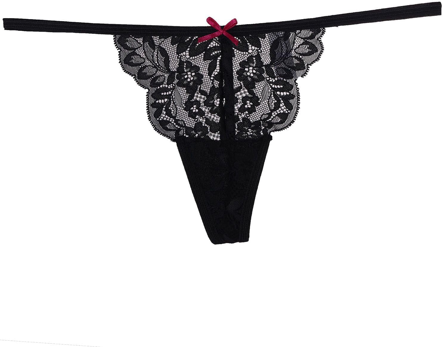 Flat lay display of six no-show thong underwear in various lace designs
