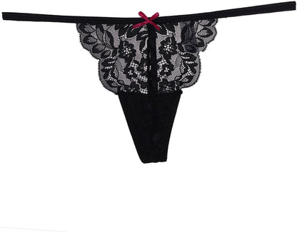 Flat lay display of six no-show thong underwear in various lace designs