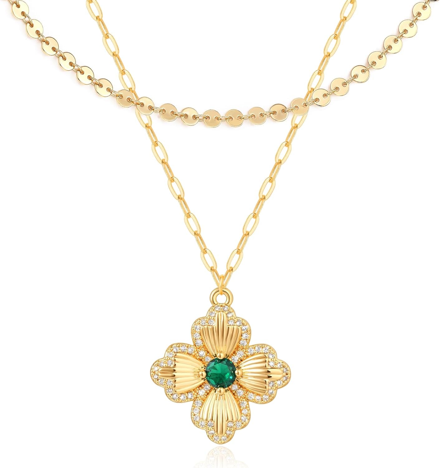 VALLOEY ROVER Gold Clover Necklace, Layered Necklaces for Women 14K Gold Plated Dainty Clover Pendant Necklace Set Link Chain Choker Necklaces Stackable Simple Gold Jewelry for Women