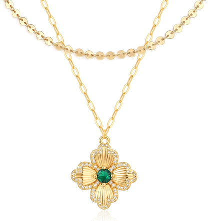 VALLOEY ROVER Gold Clover Necklace, Layered Necklaces for Women 14K Gold Plated Dainty Clover Pendant Necklace Set Link Chain Choker Necklaces Stackable Simple Gold Jewelry for Women