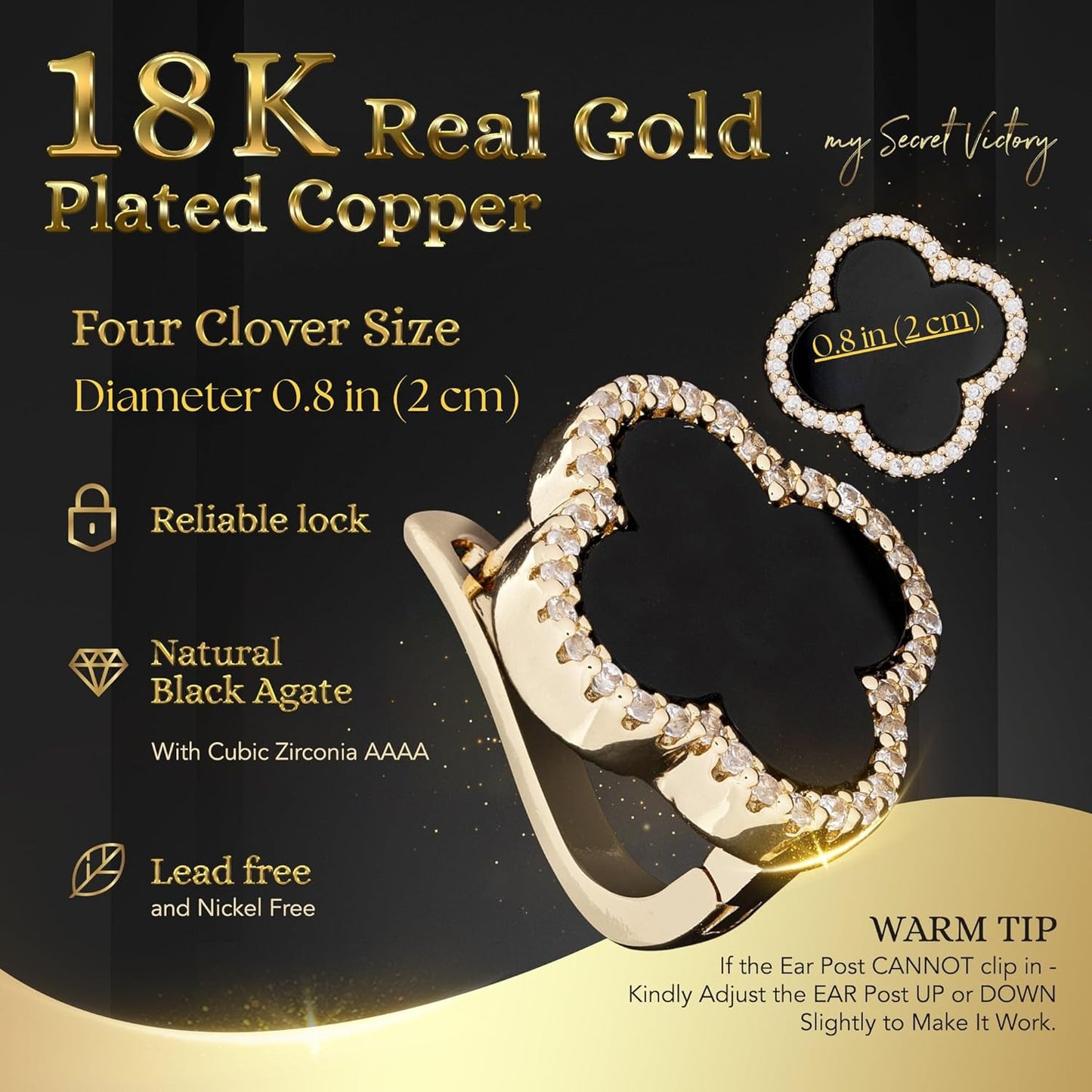 Four Leaf Clover Earrings 18K Gold Plated with Black Agate or White Shell | Mother of Pearl & Cubic Zirconia | Classic English Lock | Tarnish-Resistant Jewelry for Women