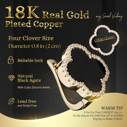 Four Leaf Clover Earrings 18K Gold Plated with Black Agate or White Shell | Mother of Pearl & Cubic Zirconia | Classic English Lock | Tarnish-Resistant Jewelry for Women