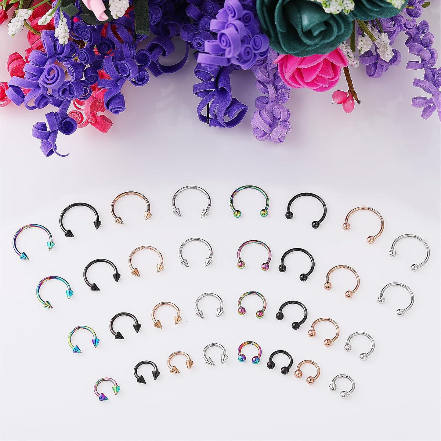 Yolev 32Pcs 18G Horseshoe Piercing for Women Men Variety of Sizes Horseshoe Rings Surgical Steel Nose Septum Horseshoe Hoop Earring Eyebrow Earring Hoop Lip