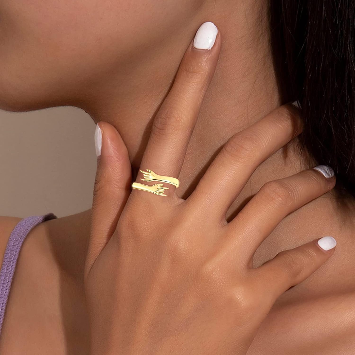 ZOEXUE Hug Rings for Women Sterling Silver - White Gold/18K Gold/Thick and Thin Ring Hugging Rings for Men Rock Hip Pop Hand Band Rings I Love You Forever Hugging Hand Ring Jewelry