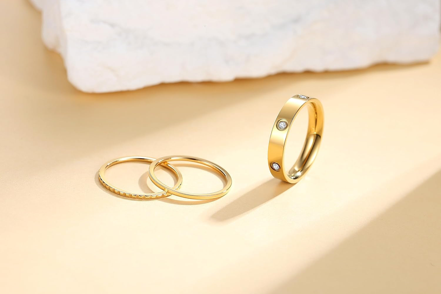 Elegant 3PCS Cubic Zirconia Stackable Love Rings for Women, 18K Gold-Plated Silver-Plated 316L Stainless Steel Hypoallergenic Jewelry, Easter Anniversary Birthday Gifts for Mom Friends Sister