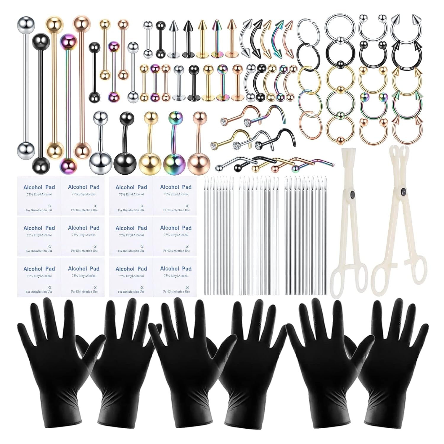 120PCS Body Piercing Kit Surgical Steel 14G 16G 20G BCR CBR Labret Lip Rings Cartilage Daith Earrings Nose Septum Nose Studs Belly Button Rings Jewelry Needles Gloves Clamps Tools