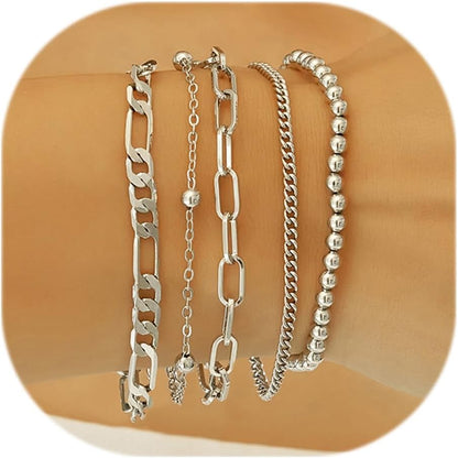 Wgoud Waterproof Gold Bracelets for Women Trendy, Dainty 14K Real Gold Plated Fashion Stackable Bracelet Sets for Women Thin Cuban Link Paperclip Chain Bracelets Layered Gold Jewelry Sets Gifts for Womens