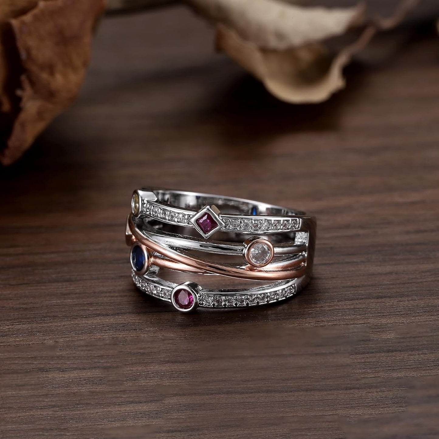 White Gold Plated Geometric Lines Two Color Cubic Zirconia Boho Style Statement Ring Personalized Accessory Ideal for Women'S Daily Casual Wear Party Holiday Anniversary Love Jewelry Gift