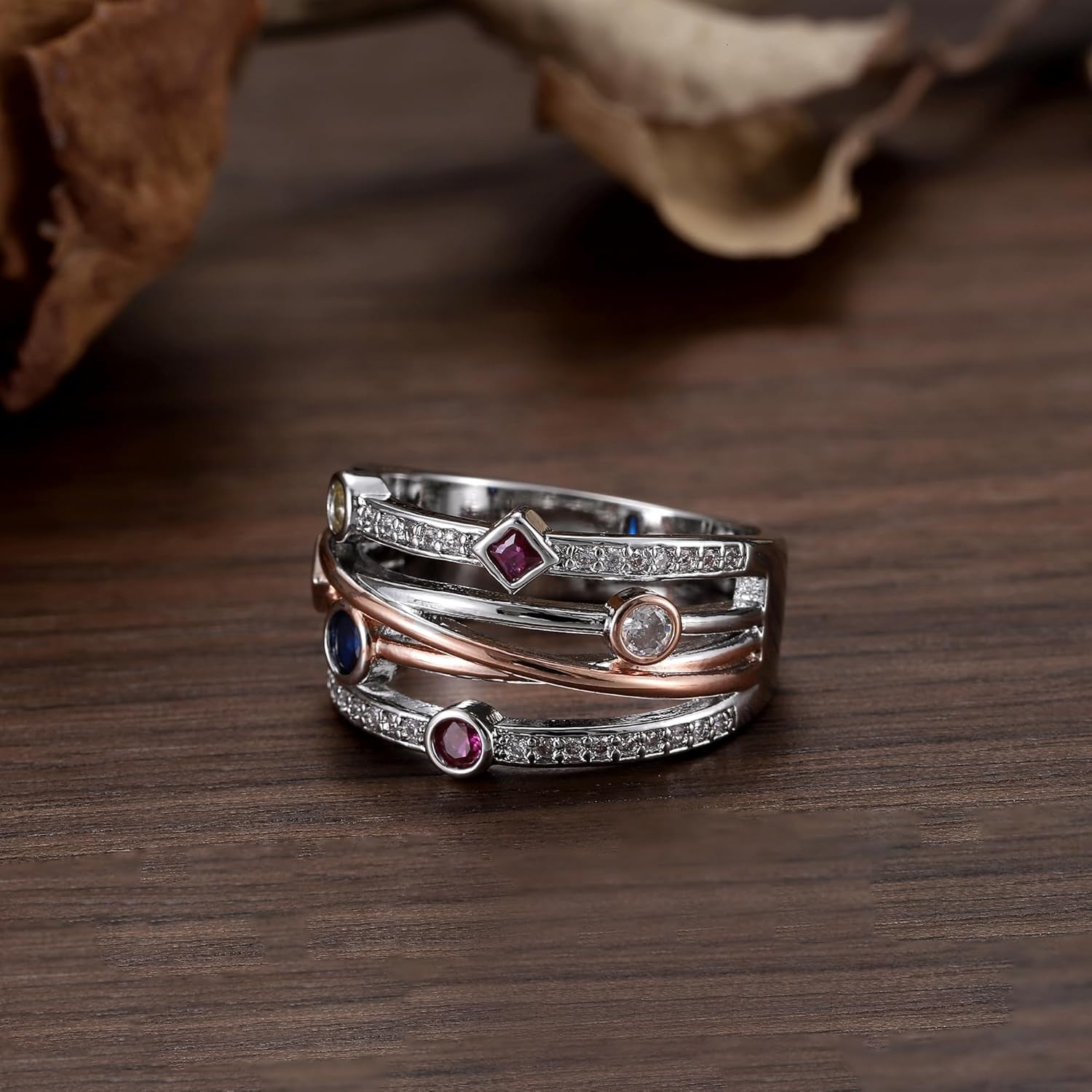 White Gold Plated Geometric Lines Two Color Cubic Zirconia Boho Style Statement Ring Personalized Accessory Ideal for Women'S Daily Casual Wear Party Holiday Anniversary Love Jewelry Gift