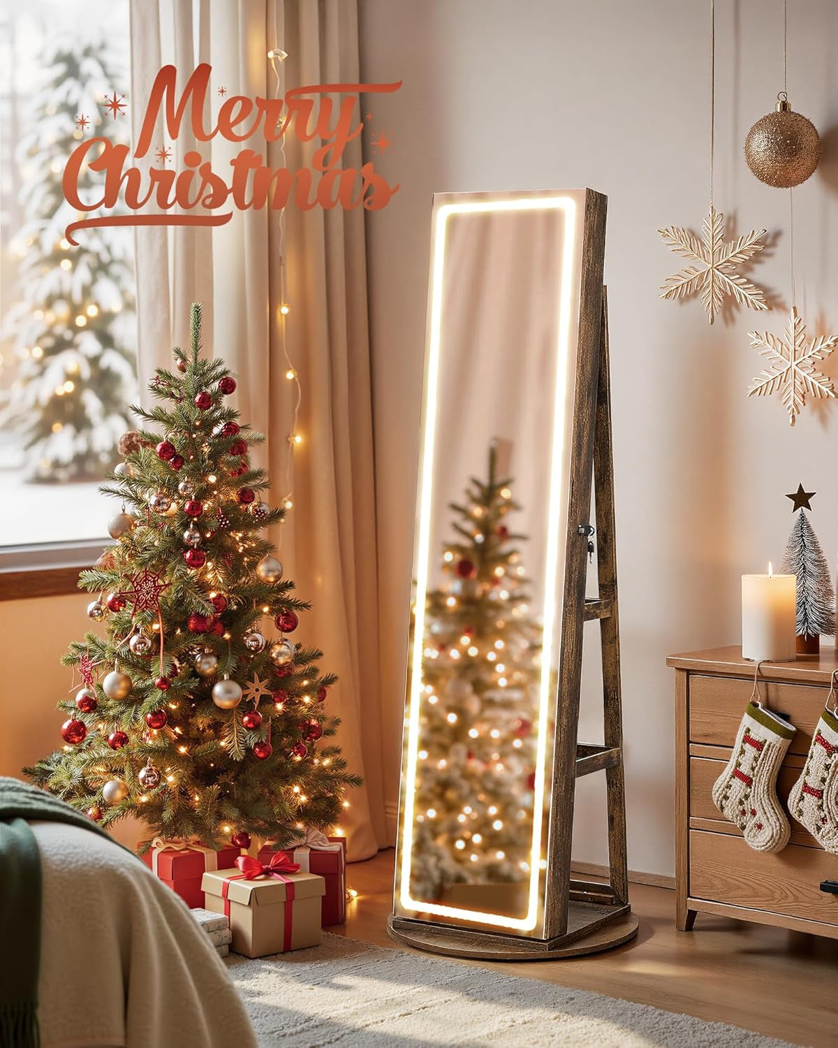 SONGMICS LED Jewelry Cabinet Standing, Lockable Armoire with Full-Length Mirror and Adjustable Lights, Space-Saving Organizer, Christmas Gifts for Women, Gift Idea, Rustic Brown UJJC008X01