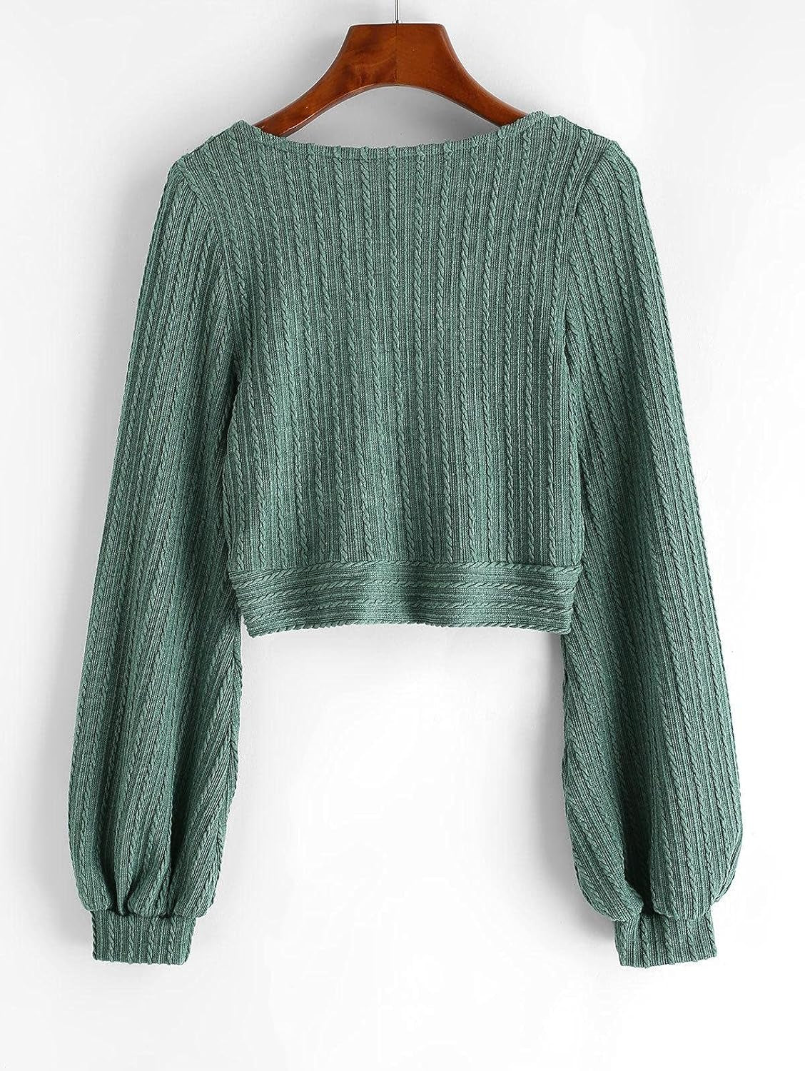 ZAFUL Women'S Pullover Ribbed Cropped Knitwear Drawstring Ruched Knitted Crop Top Solid V-Neck Long Sleeve T-Shirt