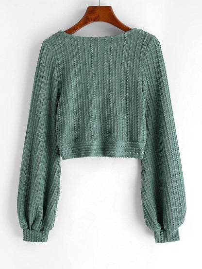 ZAFUL Women'S Pullover Ribbed Cropped Knitwear Drawstring Ruched Knitted Crop Top Solid V-Neck Long Sleeve T-Shirt