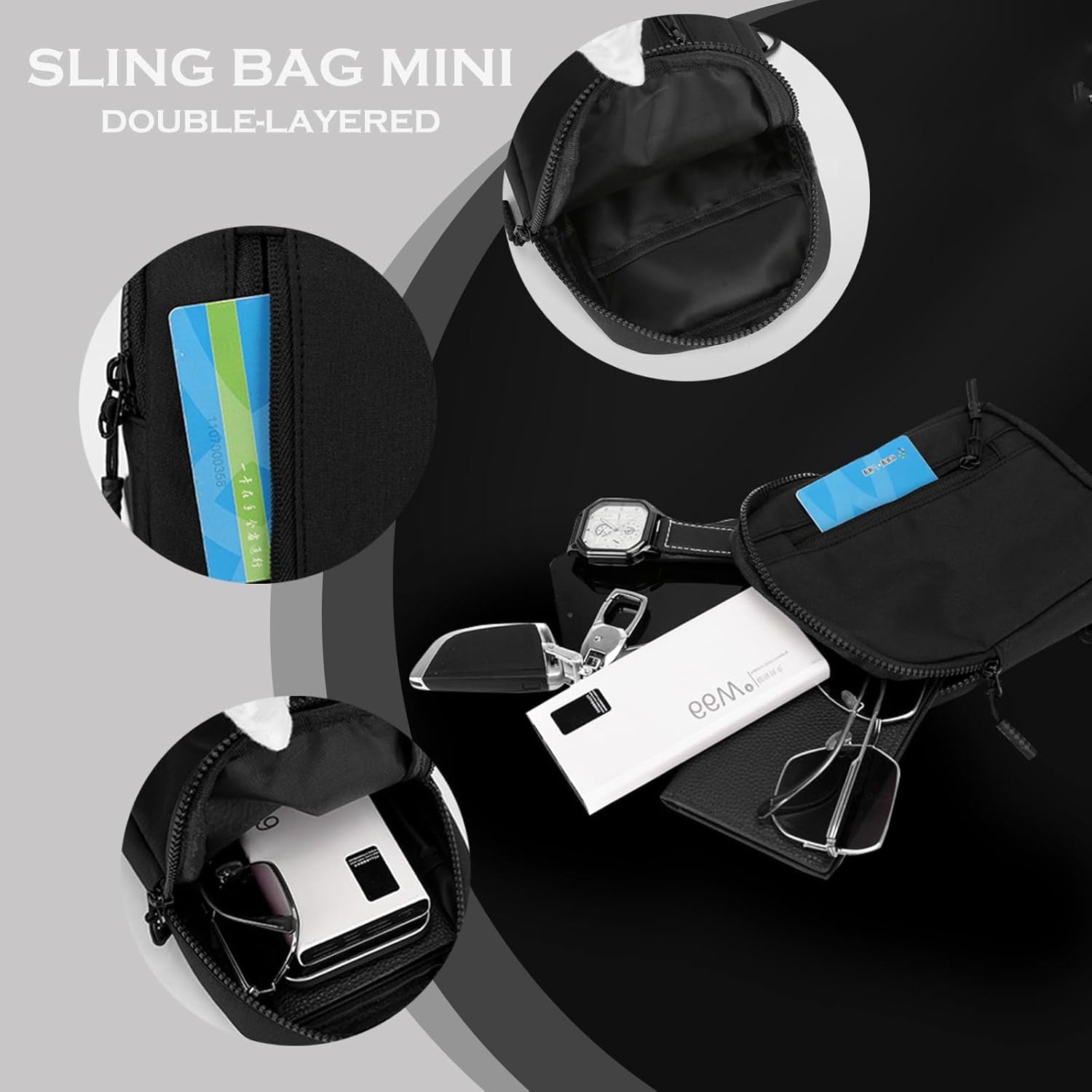 Dual pocket layout on mini sling bag for phone and valuables