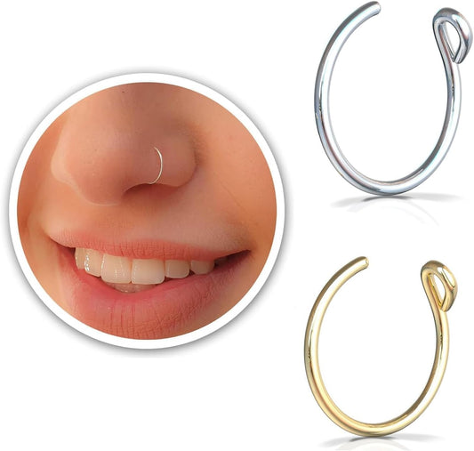 Fake Nose Rings for Women - Set of 2 Tiny Thin 20 Gauge 7Mm Faux Nose Piercing Hoops - Handmade 925 Sterling Silver 14K Gold Filled Clip on Nose Jewelry - No Piercing Needed - Gift Ready