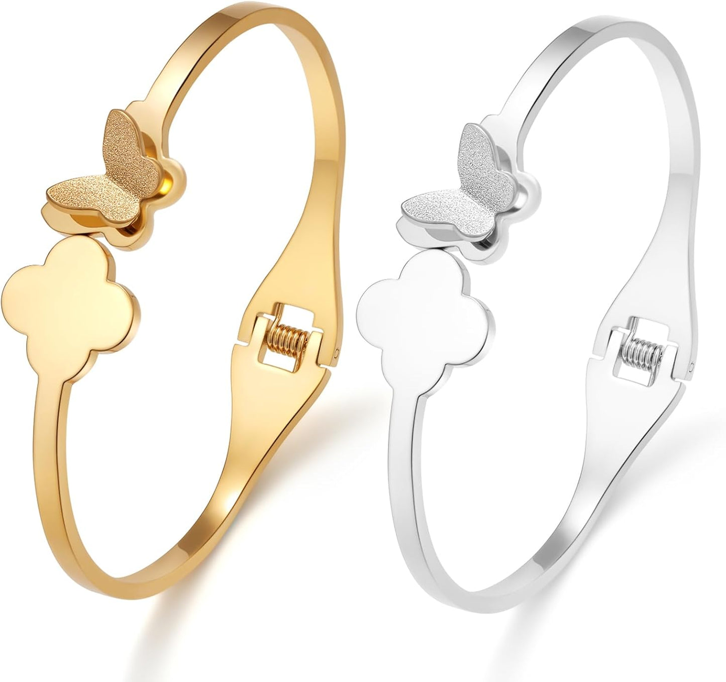 18 K Gold Plated Double Bangle Bracelet Stack Love Jewelry Set for Women Gift with Box (Butterfly)