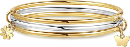 DS Bangle Bracelets for Women 18K Gold Plated Stainless Steel Layering Glossy Stackable Thin round Wire Cuff Bangle Bracelets Dainty Solid Polished Bracelet Minimalist Jewelry Best Gifts for Love