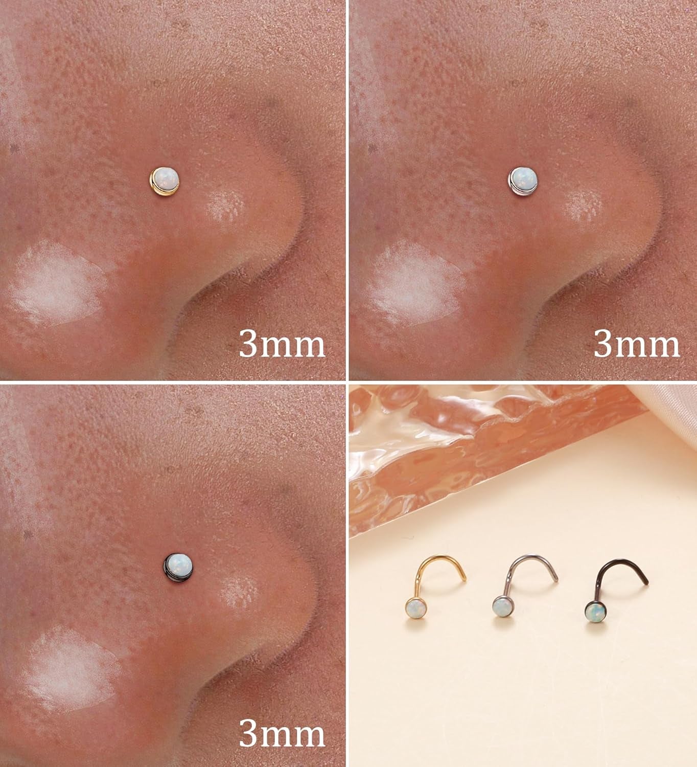 3Mm G23 Titanium Opal Nose Rings Studs Hypoallergenic L Shaped Screw Small Nose Rings for Women Men 20G Handmade 14K Gold Plated Nose Nostril Piercing Jewelry