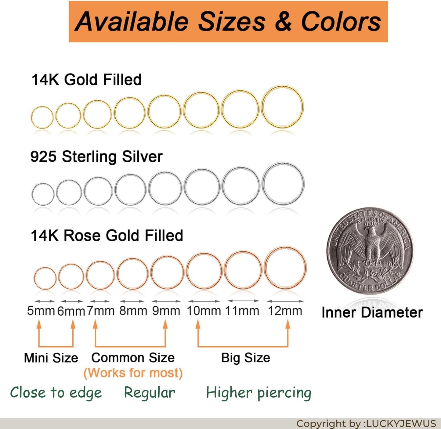 LUCKYJEWUS Small Thin Gold or Sterling Silver Nose Ring Hoop for Women, Tiny Nose Piercing Jewelry