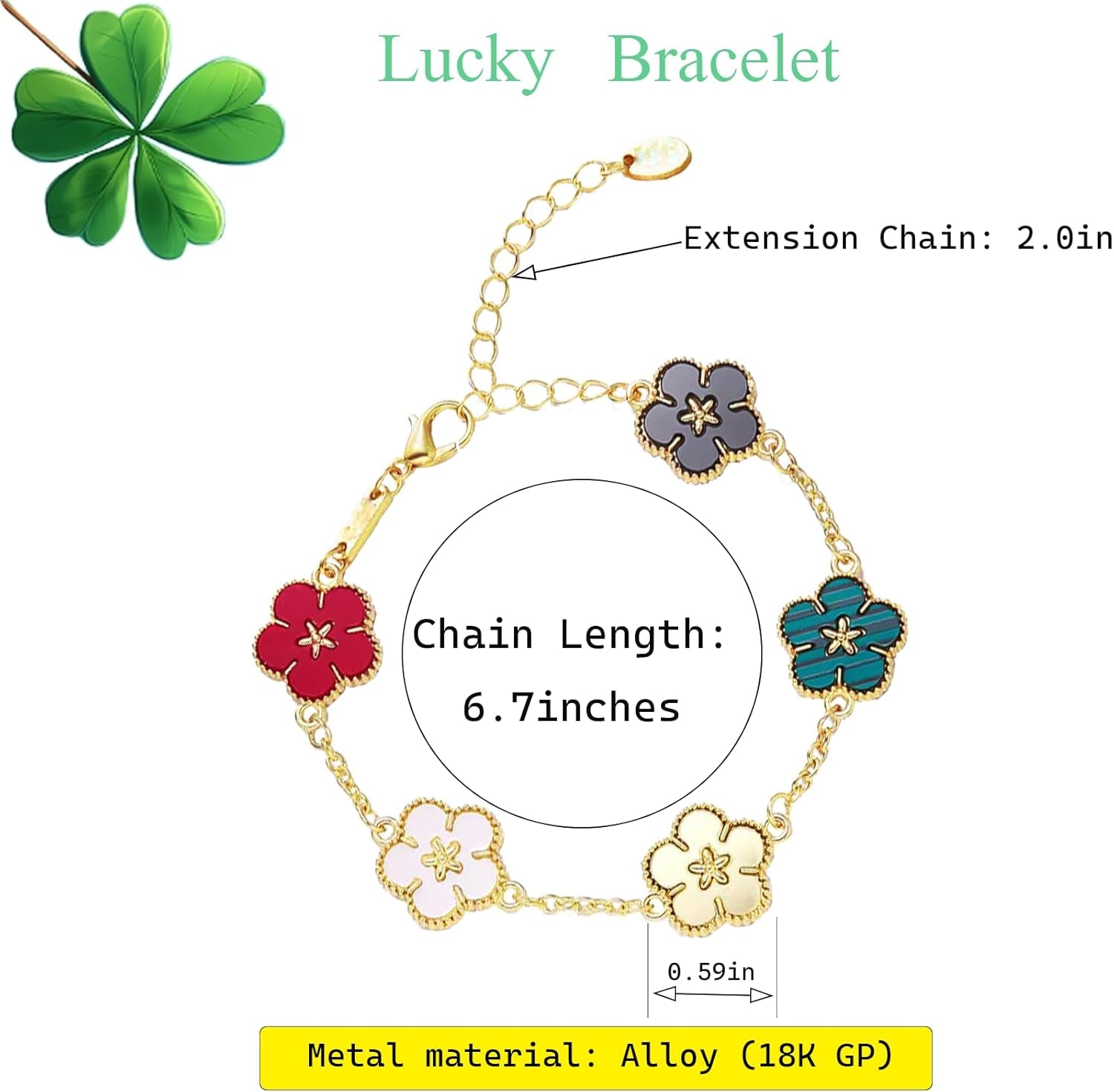 Four Leaf Clover Bracelet for Women Lucky 18K Gold Plated Stackable Jewelry Gift for Women Birthday Gifts for Girlfriend