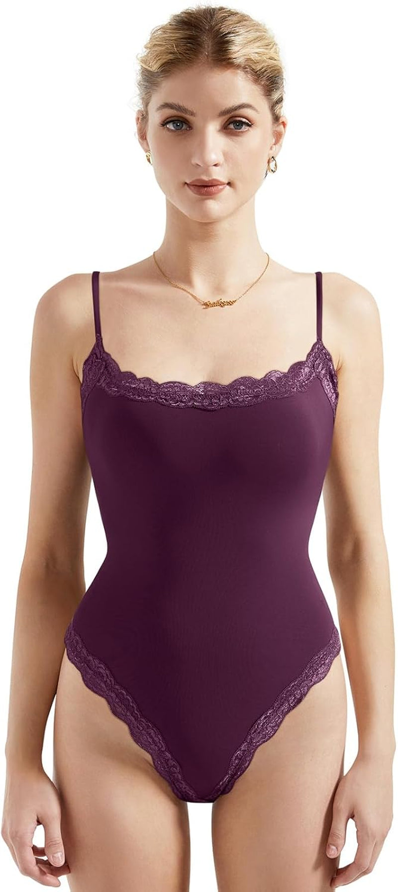 SUUKSESS Women Square Neck Lace Bodysuit Sleeveless Spaghetti Strap Tank Top