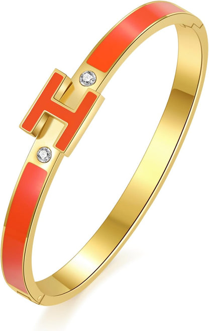 H Bracelet for Women - 18K Gold Plated Titanium Steel Cuff | Cubic Zirconia Bangle Jewelry Gift, Simple & Durable Everyday Wear (S/M/L Size)