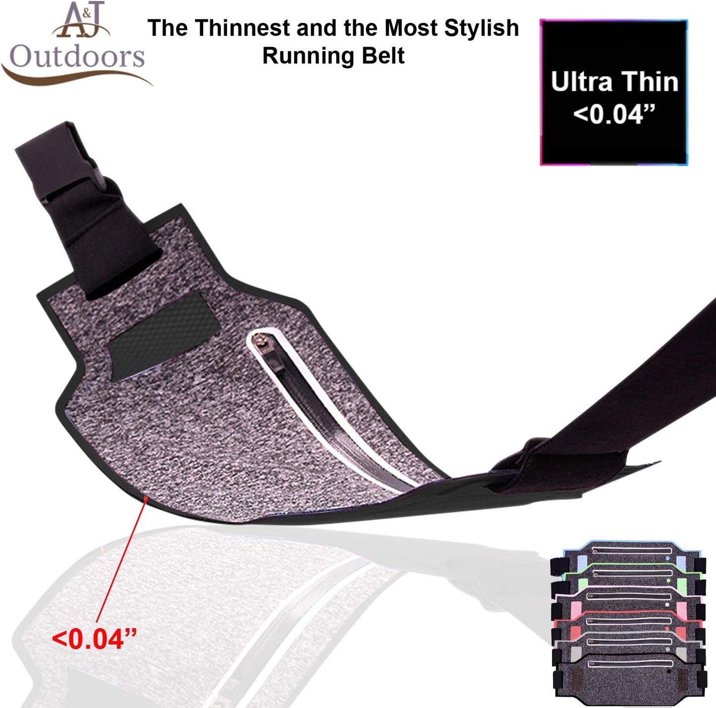 Ultra thin money belt showing 0.04 inch thickness measurement