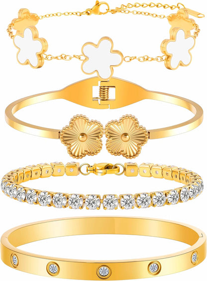 18K Gold Bracelets for Women - Clover Cuff & Cubic Zirconia Tennis Bangle Set - Non-Tarnish Stainless Steel Jewelry Gift for Valentine‘S, Christmas & Mother’S Day