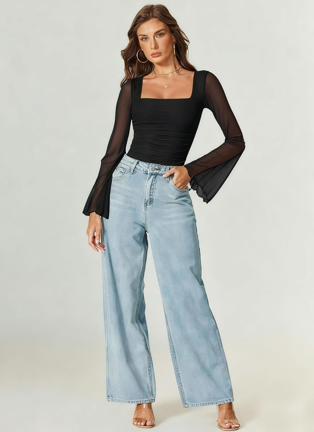 Black bell sleeve mesh bodysuit with square neck