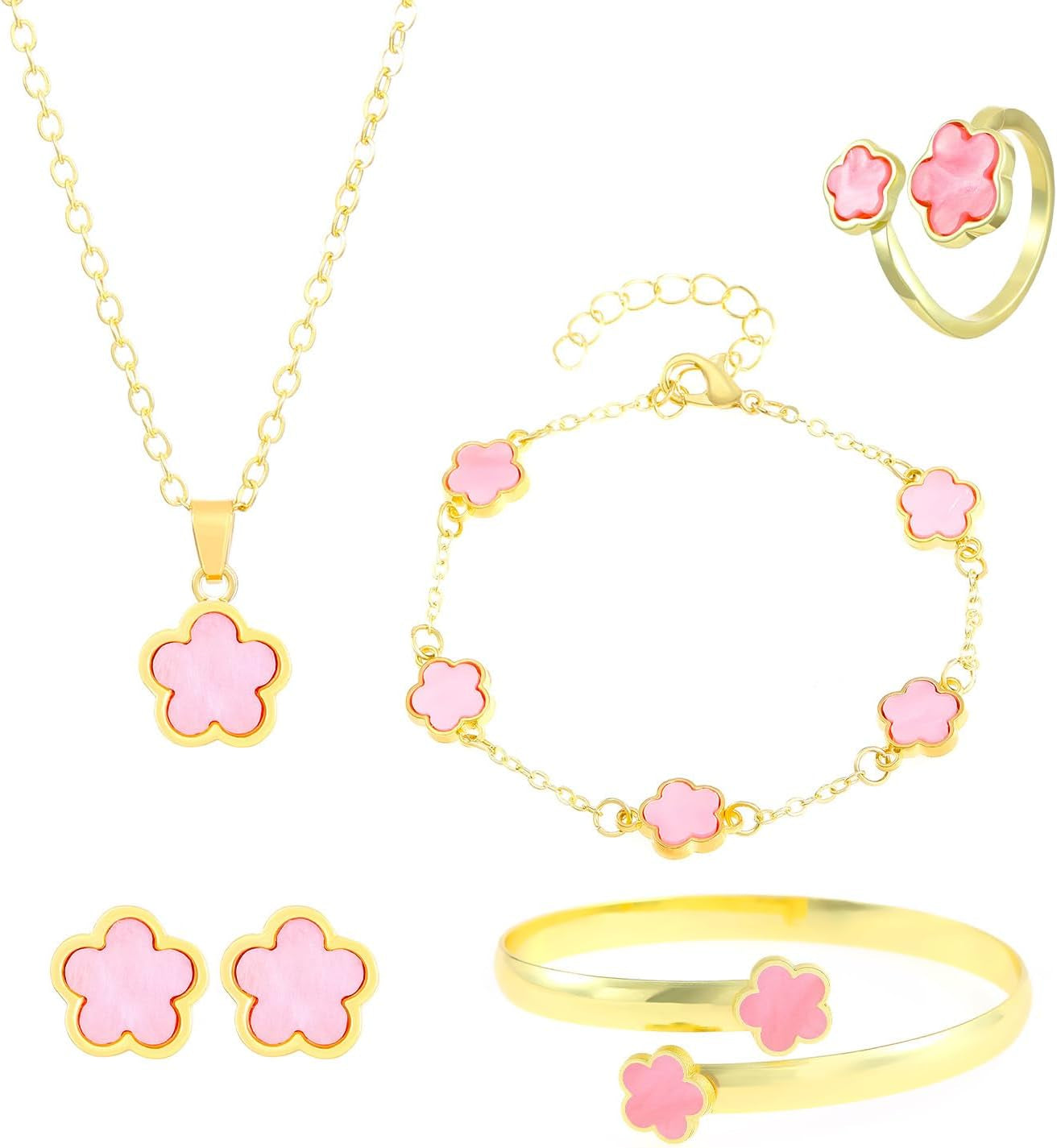 Fashionable Five Leaf Clover Jewelry 18K Gold Plated Bracelet Necklace Ring Studs Earrings Set for Women for Women-Pink