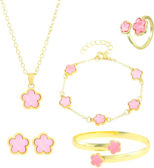 Fashionable Five Leaf Clover Jewelry 18K Gold Plated Bracelet Necklace Ring Studs Earrings Set for Women for Women-Pink